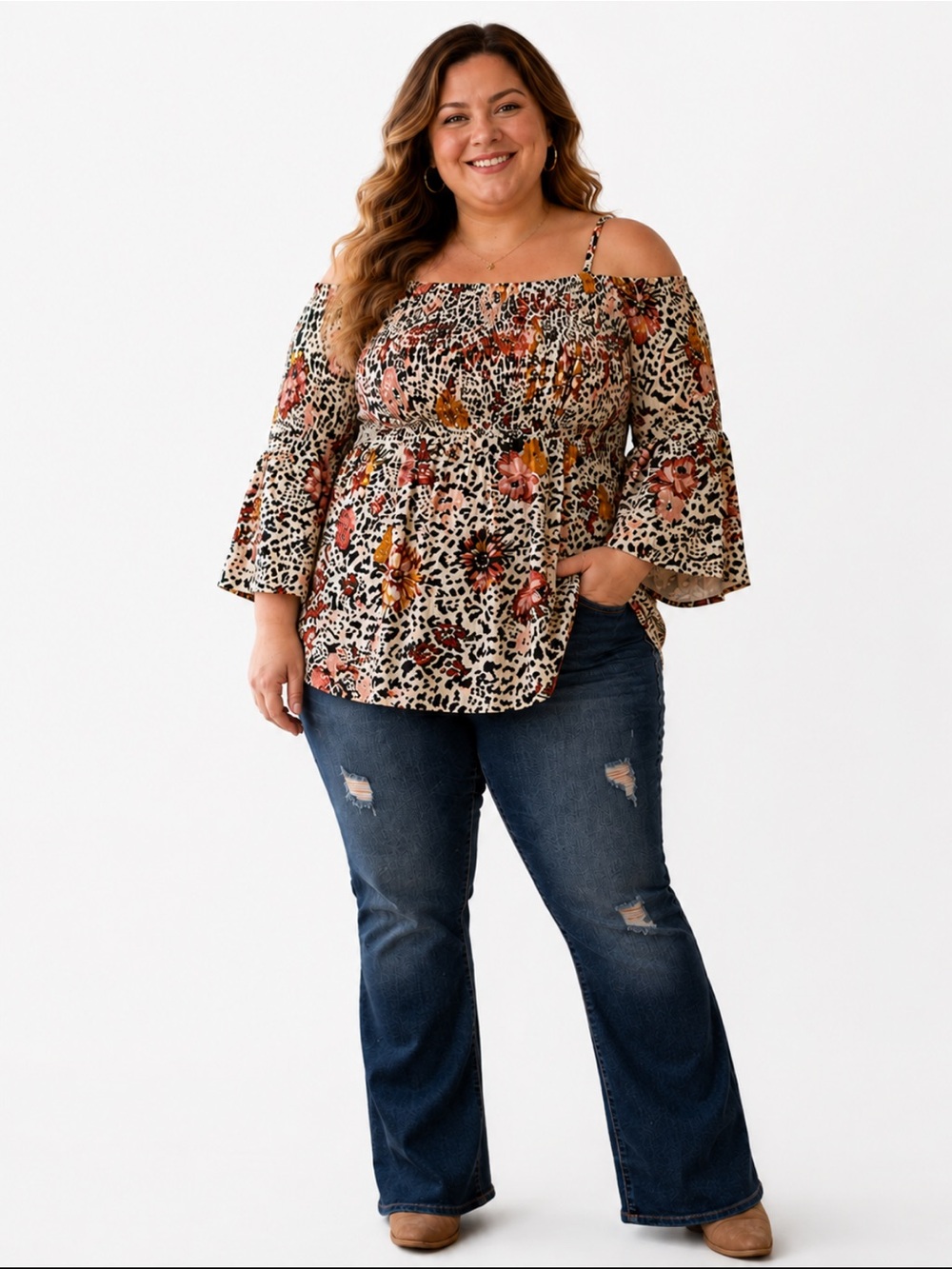 TORRID LEOPARD FLORAL COLD SHOULDER BABYDOLL TOP